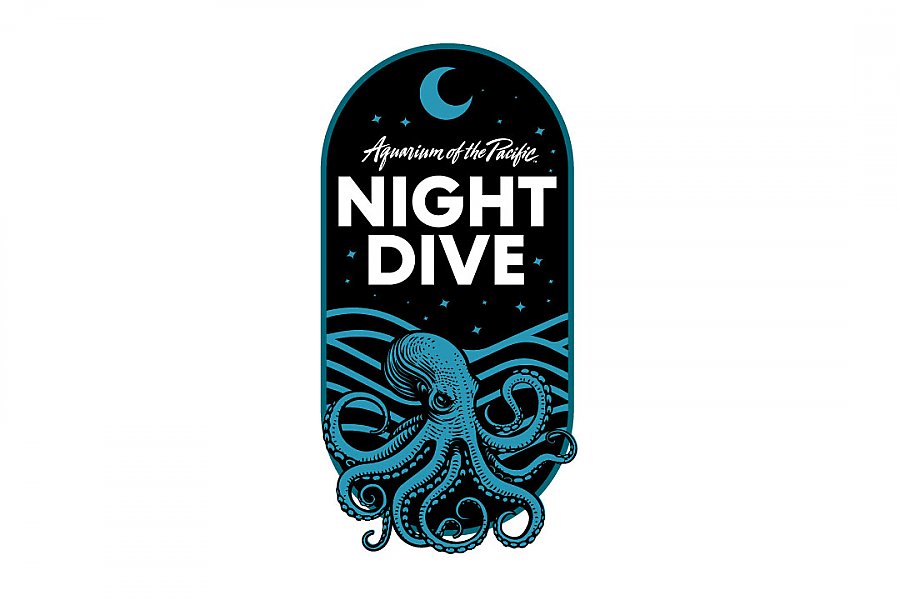 Logo of the Aquarium of the Pacific featuring the words "Night Dive" and an illustration of an octopus under a starry sky with a crescent moon.