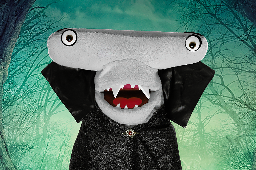 Seymour the shark dressed as a vampire