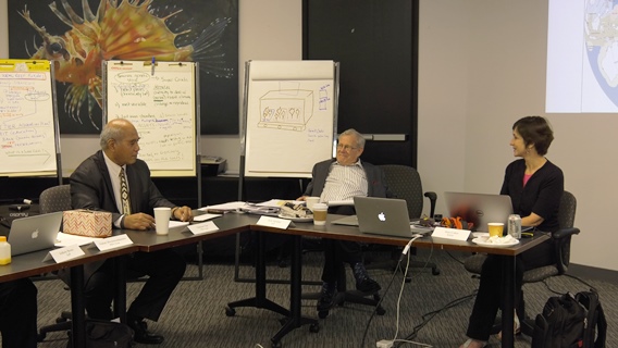 Teburoro Tito, Kiribati's ambassador to the United States; Jerry Schubel, Aquarium of the Pacific president and CEO; and Anne Cohen, Woods Hole Oceanographic Institution associate scientist, in discussion at the workshop in December 2018.