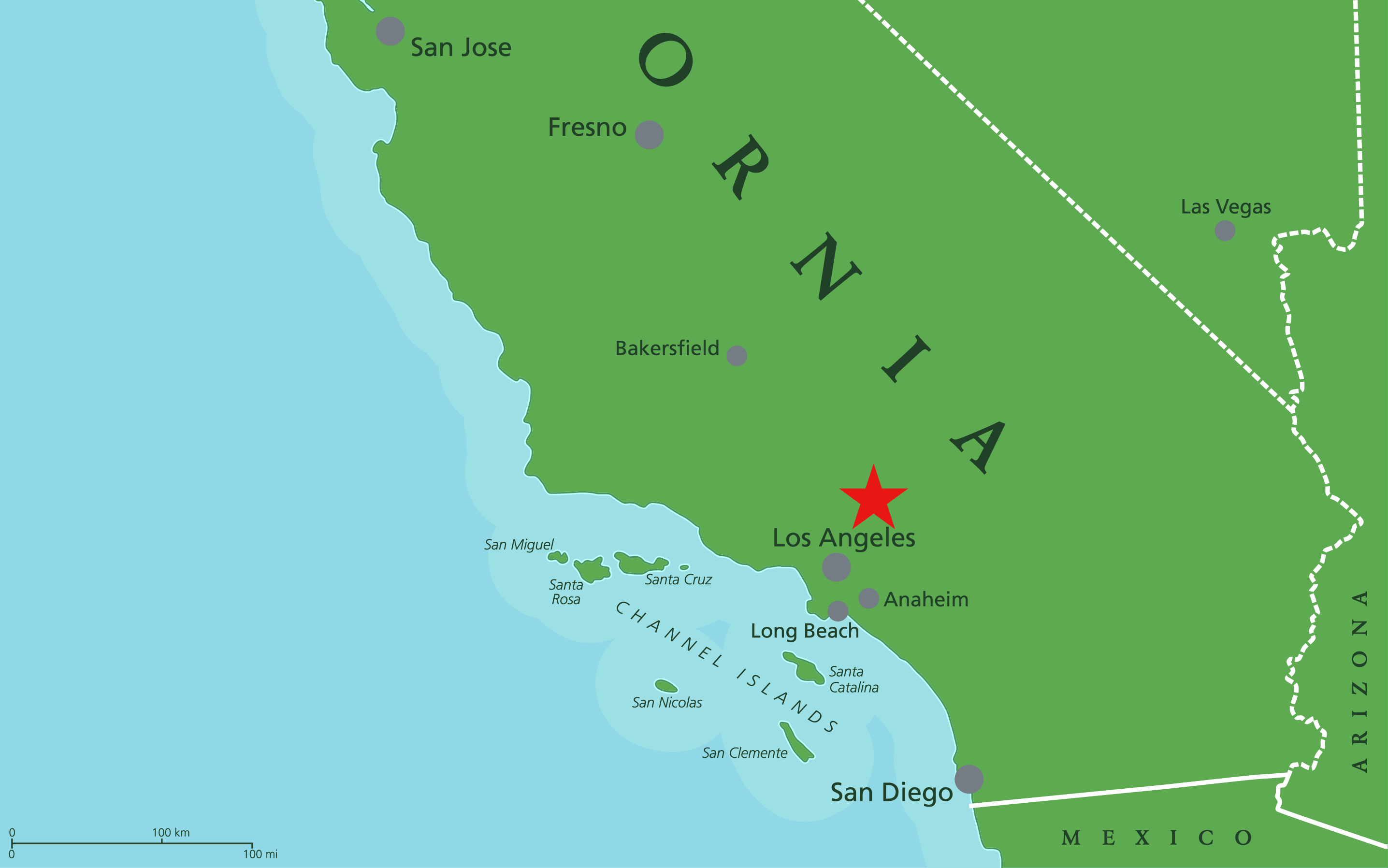 California map with San Gabriel Mountains starred